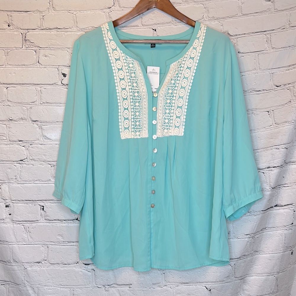 Elementz Blue Mint White Crochet Accent Long Sleeve Top Size 3X Brand New W/Tags
